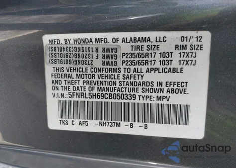 2012 Honda Odyssey Ex-L from USA, damaged, VIN 5FNRL5H69CB050339